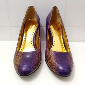 BCBG Calista Snakeskin Leather Heels Purple Gold 3" Block Heel US 7